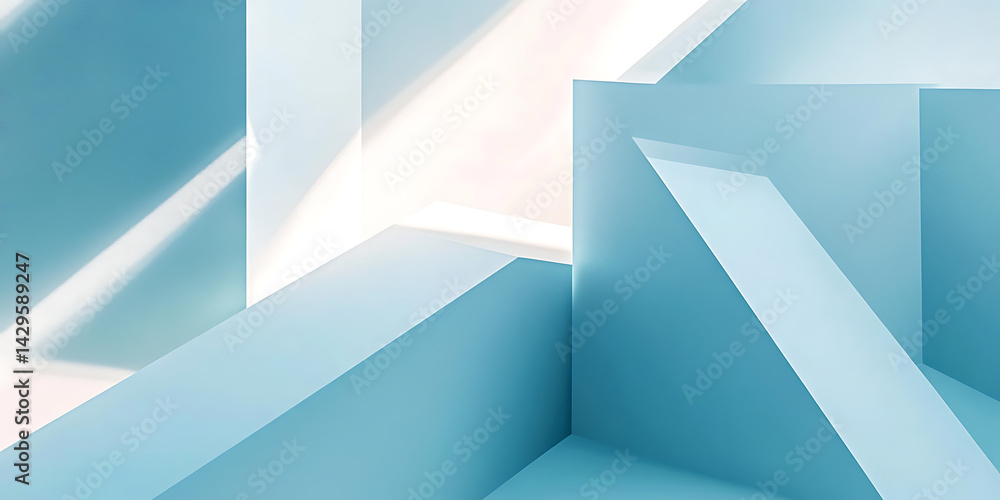 Poster light blue and white background with geometric shapes, a light gray gradient in the upper left corne