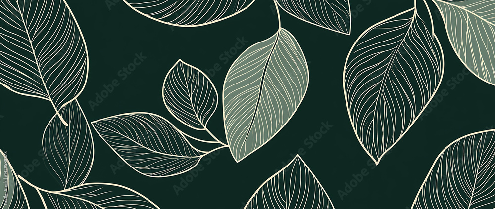 Poster leaf pattern, a seamless repeating pattern design, with a dark green background color and white line