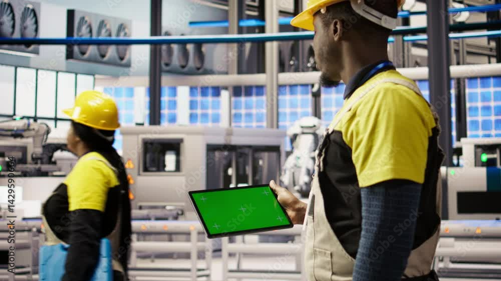 Poster engineer in smart factory oversees robotic assembly lines using green screen tablet, ensuring qualit