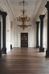 Fototapeta premium Interior of an old European mansion, a large hall with a door in the background, white walls and a wood floor, antique chandeliers hanging from the ceiling, black columns on each side of the hallway.