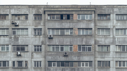 Obraz premium Front view of a weathered concrete apartment block with worn walls, air conditioners, and various window styles.