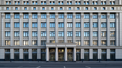 Symmetrical facade of a neoclassical office building with large windows, columns, and detailed architectural elements.