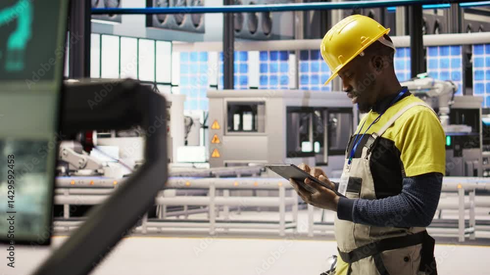 Poster engineer oversees solar panel production lines equipment using tablet app. worker maintains photovol