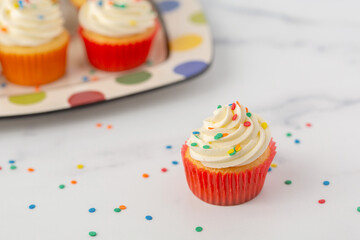 Vanilla Cupcake with Buttercream Icing Decorated with Sprinkles in Front of a Plate of Cupcakes in the Background