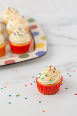 Vanilla Cupcake with Buttercream Icing Decorated with Sprinkles in Front of a Plate of Cupcakes in...
