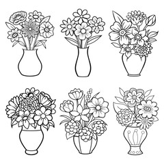 Set of Vase Flower Coloring Page Floral Line art Illustration Black and White