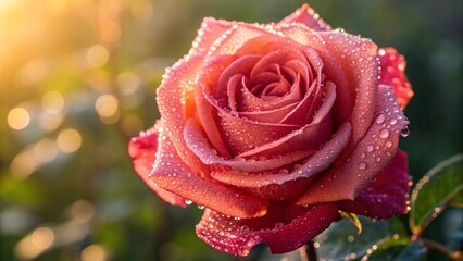 A close-up of a beautiful pink or peach-colored rose in full bloom, covered in glistening water droplets, set against a blurred green garden background, symbolizing nature, beauty, freshness, purity, 