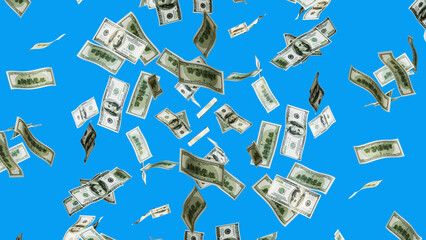 3d US Dollar Banknotes flying photo. Falling Money effect solid color background for Overlay.