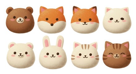 Fototapeta premium A group of cute animal-shaped mochi each with different expressions isolated style