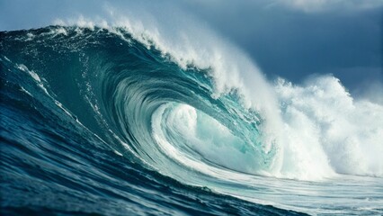 Against a blurred backdrop of turbulent water and sky, a large, well-formed wave is prominent, showcasing its powerful shape and imminent break, representing the visual appeal of dynamic ocean scenes 