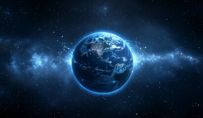 Obraz premium Earth in the cosmos, surrounded by a network of lines and a nebula
