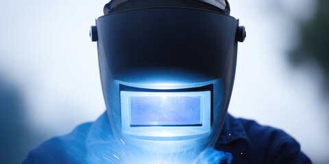 Welder in a protective helmet holding a welding torch, emitting bright sparks and light; blue glow highlights safety eyewear, emphasizing industrial work environment