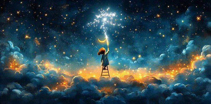 Ilustraci&oacute;n de cuento para ni&ntilde;os, con una ni&ntilde;a subiendo escalera y lanzando luz a las estrellas con una varita m&aacute;gica. 