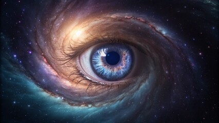 A close-up of a human eye with a vibrant, colorful iris that looks like a swirling galaxy or nebula filled with stars, symbolizing vision, universe, cosmos, fantasy, abstract, space, wonder, and the 