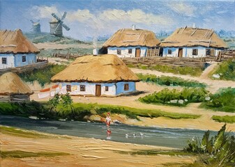 Traditional houses in the old village, oil paintings rural landscape