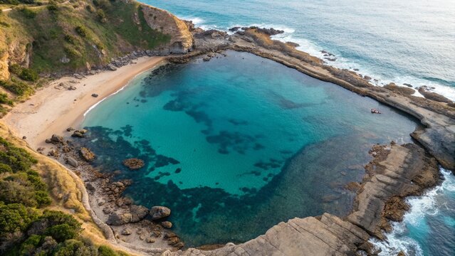 Against a backdrop of steep rocky cliffs and the open ocean, a picturesque inlet with clear blue water and a small beach is prominent from above, representing the visual appeal of natural coastal land - Powered by Adobe