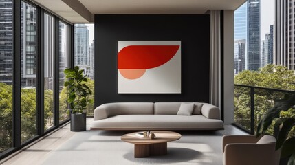 Modern living room with city views and abstract art.