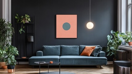 Modern living room interior featuring a bold, minimalist print.