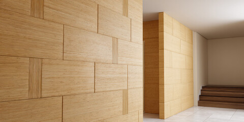 Wooden textured wall panels form a geometric pattern in a modern interior. A corridor leads to a staircase with dark wood steps. The minimalist design creates a warm ambiance