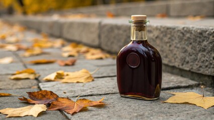 Against a blurred background of autumn foliage, an old glass bottle with a unique shape is prominent on a stone surface with colorful leaves, representing the visual appeal of historical objects in 