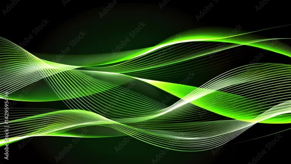 Poster vibrant abstract design with dynamic green waves and fluid lines on dark background, evoking sense o
