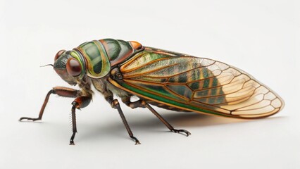 Fototapeta premium A close-up of a large cicada with intricate wings and textured body, standing on a light surface, symbolizing insects, animals, nature, biology, entomology, detail, life cycle, and the fascinating for