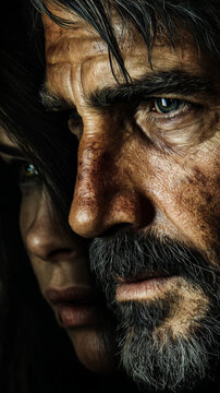 Joel and Ellie's faces side to side poster. Last of Us Joel Ellie poster frontpage anxiety old and young worried 