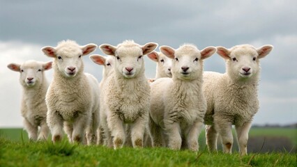 Obraz premium A group of young sheep or lambs stand closely together in a green grassy field, looking forward, symbolizing animals, farm life (implied), innocence, rural setting, nature, and the charming presence