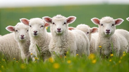 Fototapeta premium Against a blurred background of green hills and cloudy sky, a flock of lambs is prominent in a field, representing the visual appeal of farm animals and the gentle nature of young sheep in a pastoral 