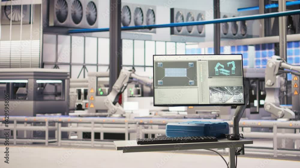 Poster display in industry 4.0 solar panels plant tracking energy production and efficiency through iot sen