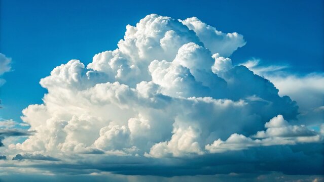 A massive, dramatic cumulonimbus cloud towers in a bright blue sky, its white and grey forms detailed and textured, symbolizing weather, nature, power, storm (implied possibility), sky, environment, a