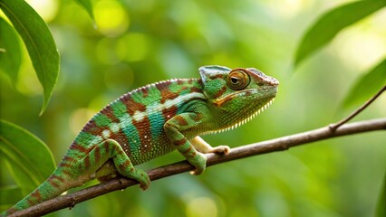 Fototapeta premium A close-up of a vibrant, colorful chameleon perched on a branch among green leaves, displaying its unique patterns and textures, symbolizing wildlife, animals, nature, reptiles, adaptation, biodiversi