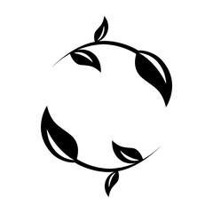 Obraz premium two black leaves with a branch in the shape of a circle on a white background. eco logo. leaf logo
