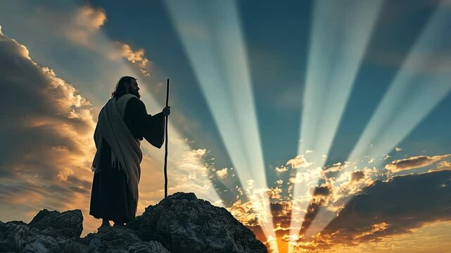 Inspiring Silhouette of Jesus Christ on a Mountain at Sunrise Video Clip