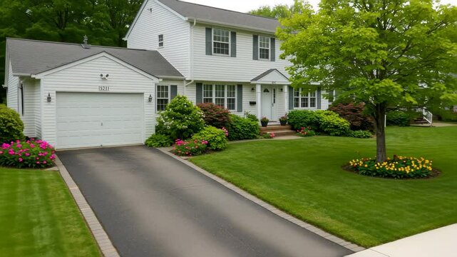 Suburban house with driveway and green lawn