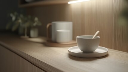 Fototapeta premium Wooden shelf with minimalist tea set and greenery.