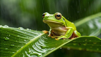 Obraz premium A close-up of a vibrant green tree frog perched on a large green leaf covered in water droplets, symbolizing wildlife, animals, nature, amphibians, rainforest (implied), environment, and the captivati