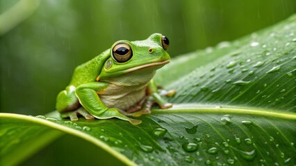 Obraz premium Against a blurred green background, a colorful tree frog is prominent on a wet leaf, its large eyes visible, representing the visual appeal of macro wildlife photography and the engaging nature of obs