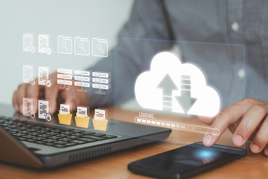 Transfer files data system relocation on cloud system technology concept, access to backup copy data, business document storage, upload and download, archive, share, migration online database with AI.
