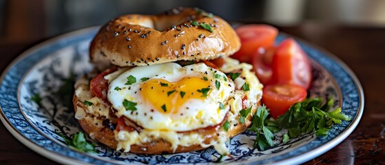 Fototapeta premium Delicious Egg and Bacon Bagel Sandwich Breakfast