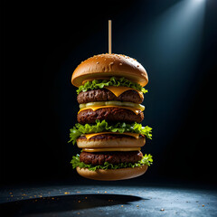 Massive burger in mid-air, showcasing delicious ingredients.A towering, appetizing burger floats in mid-air against a dark background, highlighting its substantial size and layers of ingredients.