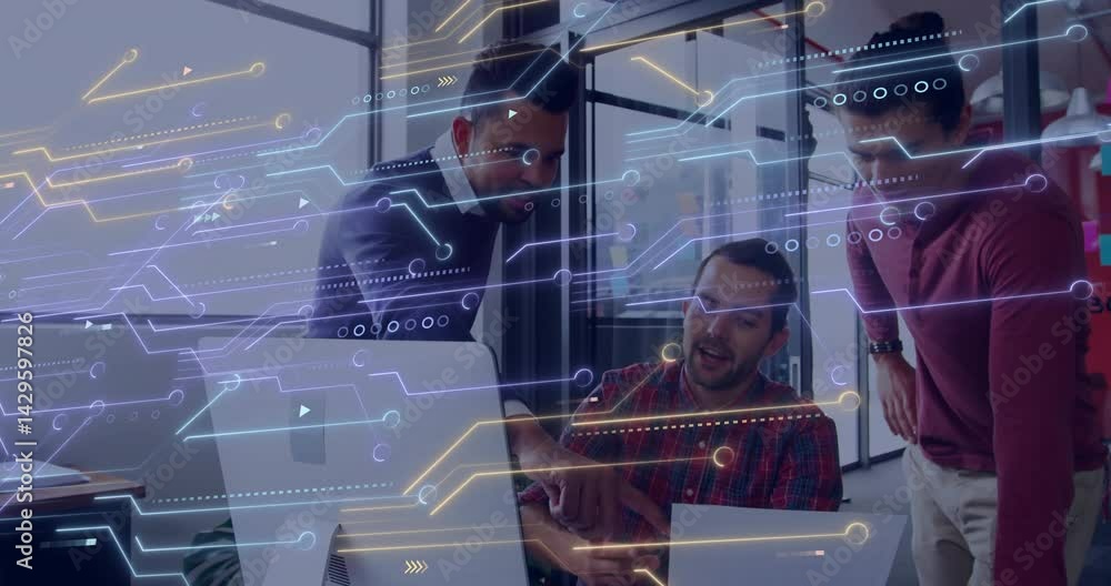 Poster men collaborating around desktop computer in technology office, showing data flow hud graphics