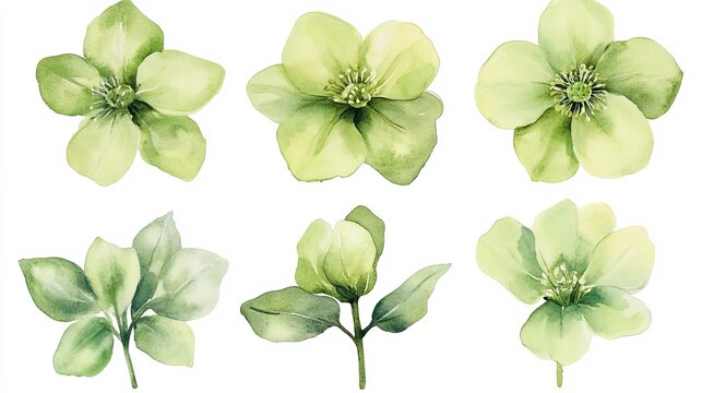 Elegant Watercolor Green Flowers Botanical Illustration Set Spring Floral Design Soft Green Hues Nature Theme Wedding Invitation Card Design Element  