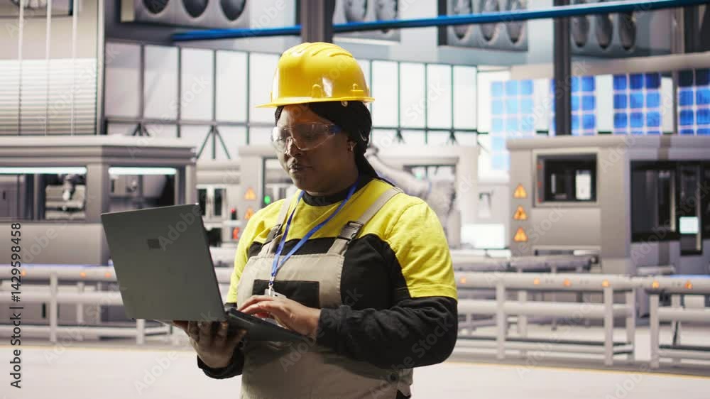 Poster solar panels factory engineer analyzes performance data with laptop to predict equipment failures. p