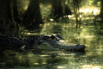 Obraz premium Majestic Alligator in the Swamp at Sunrise