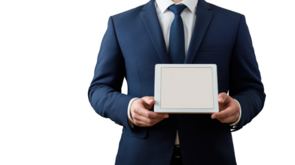 Empty tablet png transparent on the man hand no background for advertisement.