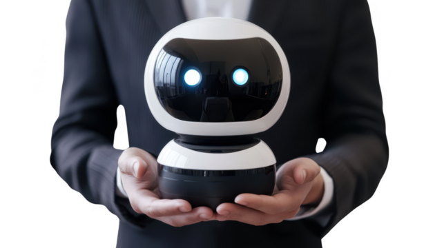 Man die cut transparent hold the AI robot toy in future assistant concept.