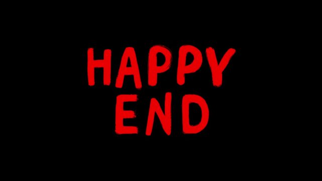 Looping animation of the phrase "HAPPY END" in bold red cartoon-style font on a black background. Strong and attention-grabbing &mdash; ideal for bold animated conclusions, trailers, or comic book-style out