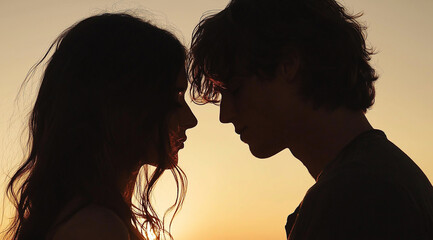 Romantic couple facing each other at sunset in warm silhouette
