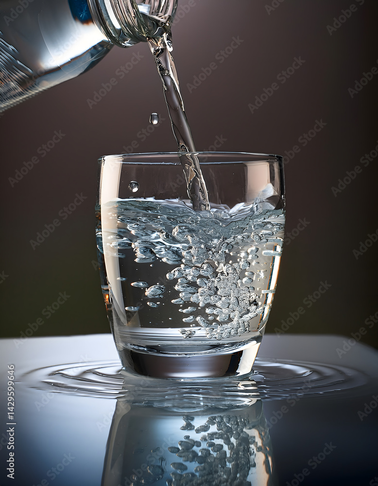 Poster clear water is being poured from a bottle into a glass, creating bubbles and ripples against a dark 
